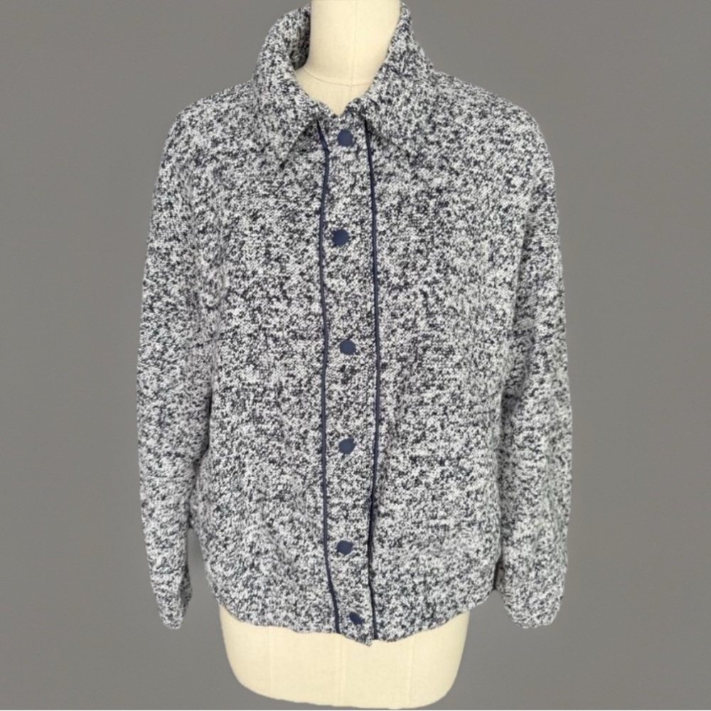 OFFLINE AERIE Boucle Jacket Cardigan Tweed Navy Faux Leather Trim Sz M